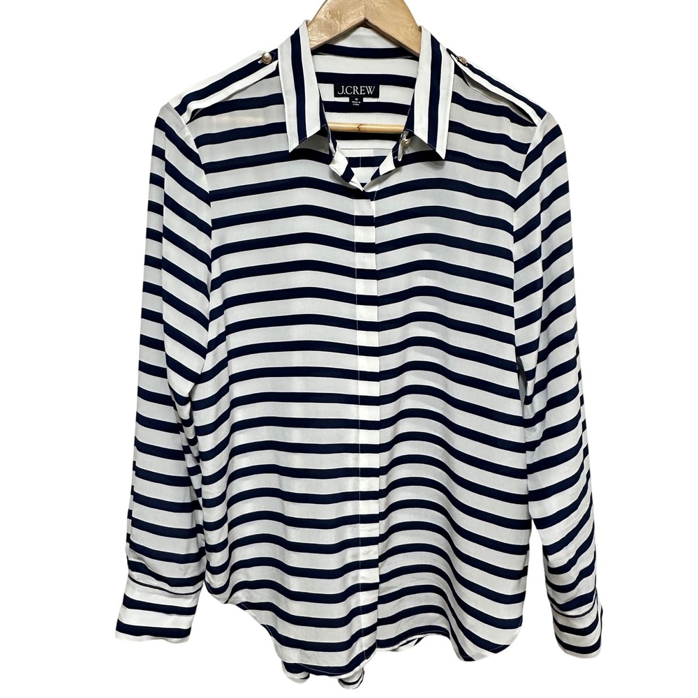 J.Crew Striped 100% Silk Button Down Blouse Womens M Navy BY681 Career Nautical